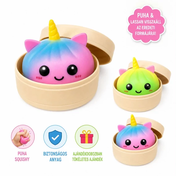 Dumpling Squishy – Puha nyomkodható stresszoldó gőzgombóc UNIKORNISOS színátmenetes
